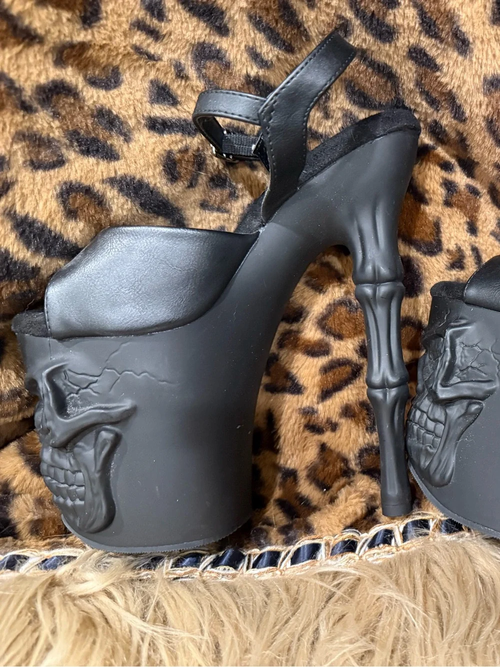 Pleaser Black Platform Peep-Toe Ankle Strap Heels with Sculpted Skull